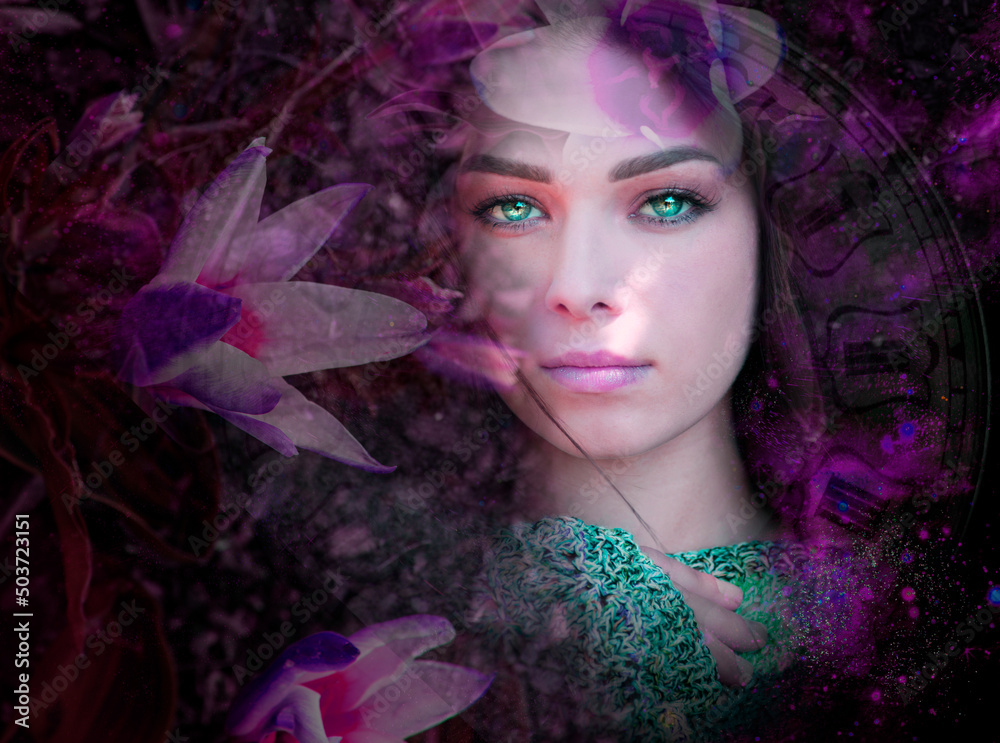 Artistic portrait of a woman and purple flowers 
