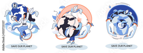 Save our planet ecological metaphor Earth day, love for native home. Sustainable gardening renewable energy. Caring for nature protecting environment stop air and water pollution, rational consumption