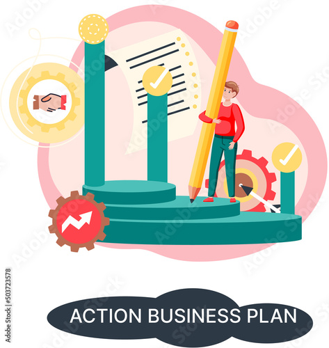 Action business plan, development strategies, foreseeing market risks. Company success secret, idea growing business achieve target metaphor, study production and sales market. Strategic biz planning
