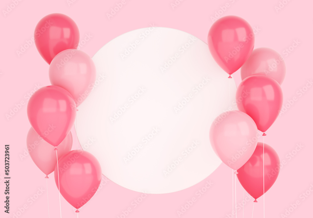Glossy flying pink balloons with round white banner 3d render illustration.