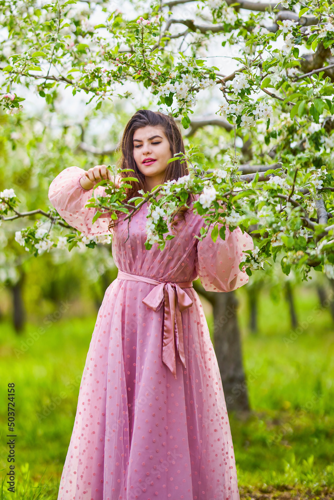 a young woman in a pink dress posing next to a blossoming apple, spring portrait. a young woman in a pink dress posing next to a blossoming apple, spring portrait.