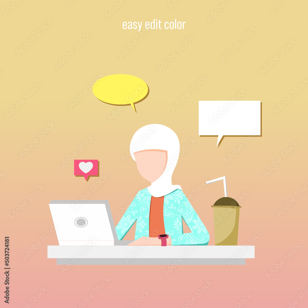 Business woman moslem working with laptop in office flat design and easy edit color