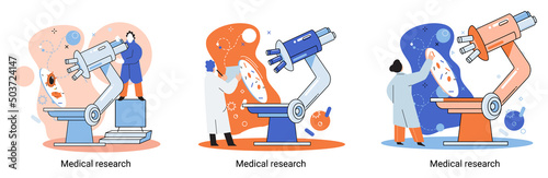 Medical research metaphor. Laboratory diagnostic services, Scientists work equipment and microscope. Virologists chemistry clinic laboratories, microbiology pharmaceutical research. Vaccine discovery