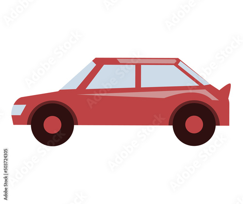 Red family car for driving on road. Transport for traveling and city trips. Flat automobile with isolated white background vector. Modern car design transport and equipment, vehicle sedan side view