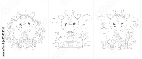 Cute giraffe coloring page. Set of 3 pages for a coloring book. Cute animal vector illustration in black and white. Outlines of animals for coloring pages for girls and boys. 
