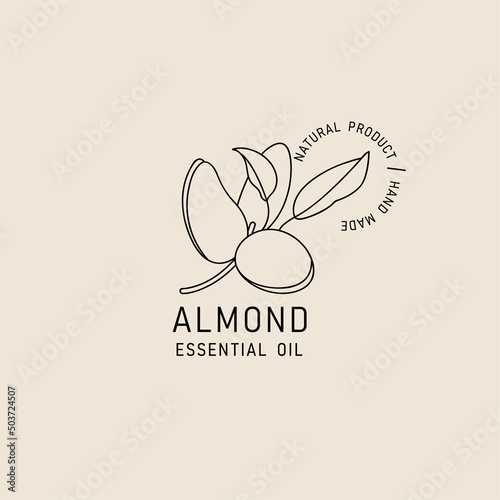 Vector packaging design element and icon in linear style - almond oil - healthy vegan food. Logo sign.