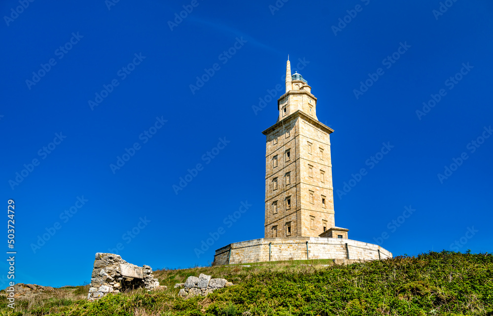 The Tower of Hercules, an ancient Roman lighthouse in A Coruna, Spain