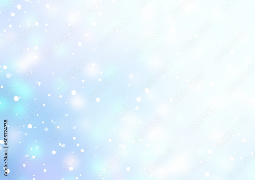 Subtle falling snow on light blue blurred empty background. Delicate winter airy illustration.