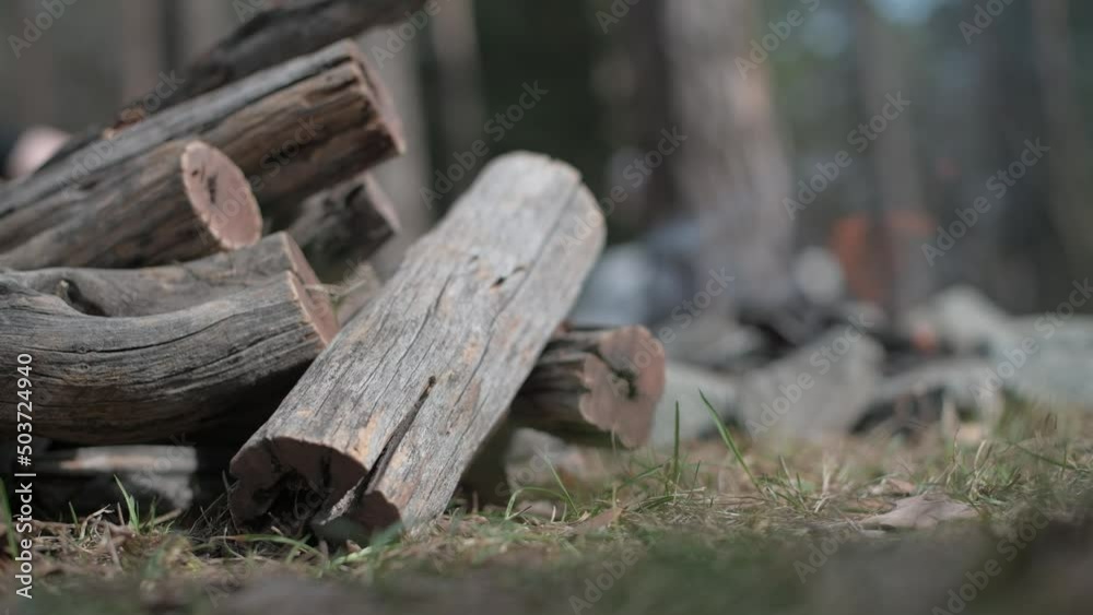Close-up of pile of dry firewood against the background of campfire in the camp Close-up of pile of dry firewood against the background of campfire in the camp