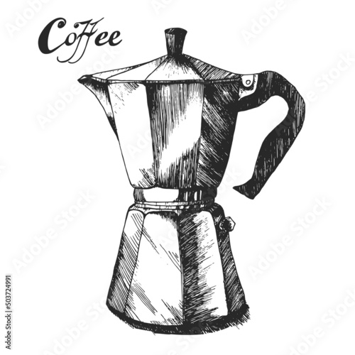Geyser coffee maker black vector illustration. Coffee pot hand draw sketch.