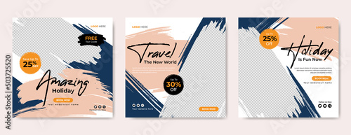 Travel and tour social media banner post. Traveling business marketing flyer with agency logo and icon. Summer beach holiday promotion web poster with abstract background. Online travel sale banner. 