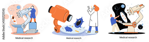 Medical research metaphor. Laboratory diagnostic services, Scientists work equipment and microscope. Virologists chemistry clinic laboratories, microbiology pharmaceutical research. Vaccine discovery
