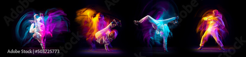 Collage of images of young man, hip-hop and breakdance dancer dancing on dark background with mixed neon light. Youth culture, style and fashion, action.