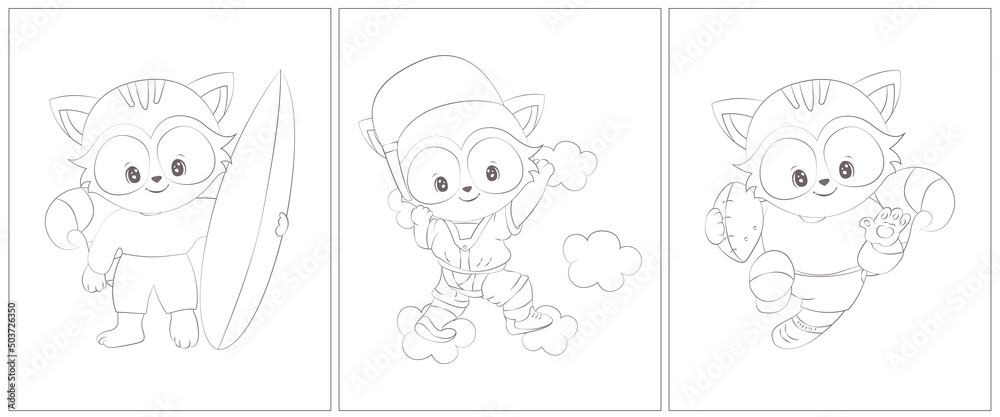 Raccoon athlete black and white. Set of 3 pages for a coloring book. Cute animal vector illustration in black and white. Outlines of animals for coloring pages for girls and boys. 
