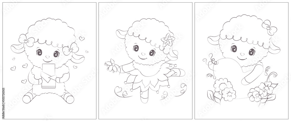 Coloring pages of sheep. Set of 3 pages for a coloring book. Cute animal vector illustration in black and white. Outlines of animals for coloring pages for girls and boys. 
