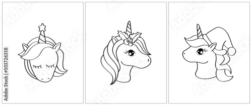 Christmas unicorn face coloring page. Set of 3 pages for a coloring book. Cute animal vector illustration in black and white. Outlines of animals for coloring pages for girls and boys. 
