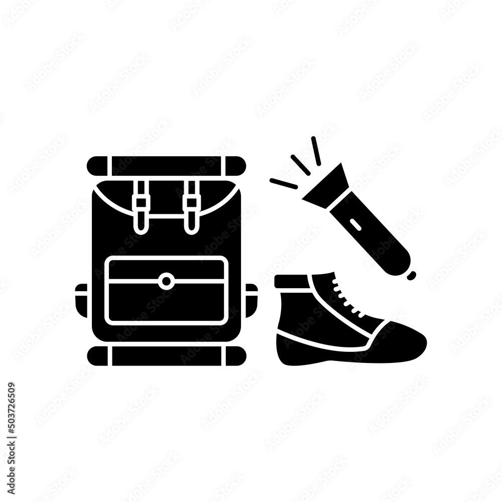 Camping accessories icon vector. Bags, flashlights, shoes. Solid icon style, glyph. simple design editable. Design simple illustration Camping accessories icon vector. Bags, flashlights, shoes. Solid icon style, glyph. simple design editable. Design simple illustration