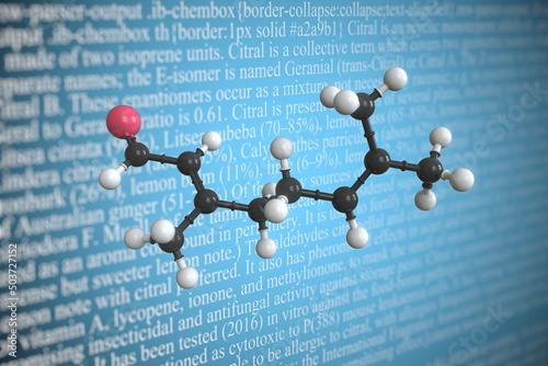 Citral scientific molecular model, 3D rendering photo