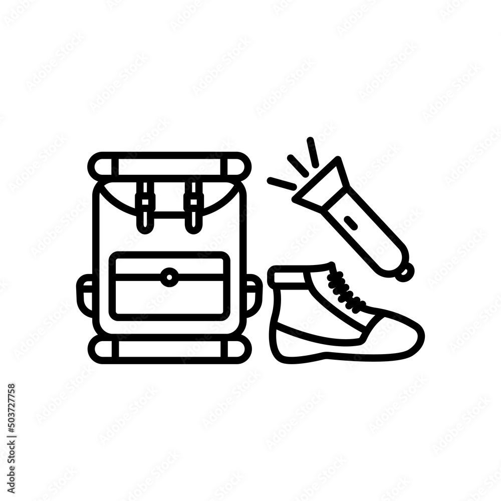 Camping accessories icon vector. Bags, flashlights, shoes. line icon style. simple design editable. Design simple illustration Camping accessories icon vector. Bags, flashlights, shoes. line icon style. simple design editable. Design simple illustration