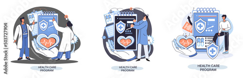 Health care program metaphor, online medical services, protection medicine. Medical insurance, hospital services, preventive check up, sick leave certificate treatment diagnosis patients, telemedicine