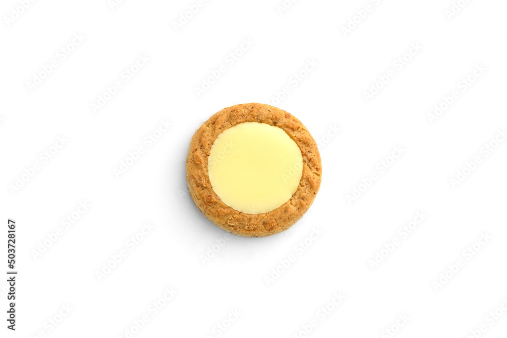 Round shortbread cookies with lemon filling isolated on white background. Round shortbread cookies with lemon filling isolated on white background.