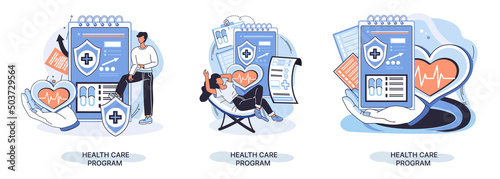 Health care program metaphor, online medical services, protection medicine. Medical insurance, hospital services, preventive check up, sick leave certificate treatment diagnosis patients, telemedicine