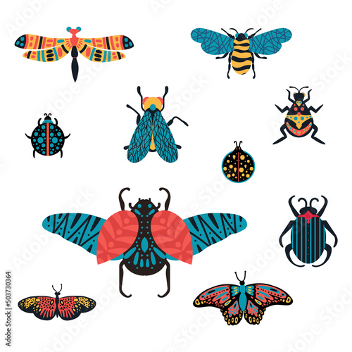 Bundle set with different insects. Illustration in vector of abstract bright beetles, flies, dragonflies, wasps, moths, butterflies. Species of flying and soaring, crawling animals. Vector