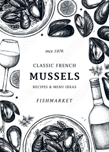 Cooked mussels on plate with herbs and wine illustration. Shellfish and seafood restaurant menu design. Hand drawn mussels sketch banner or card template in vintage style