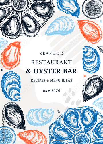 Hand-drawn oysters trendy menu template. Hand sketched cooked sea food illustrations. Collage with oysters hand-drawing. Mollusks modern card or banner design in sketched style.