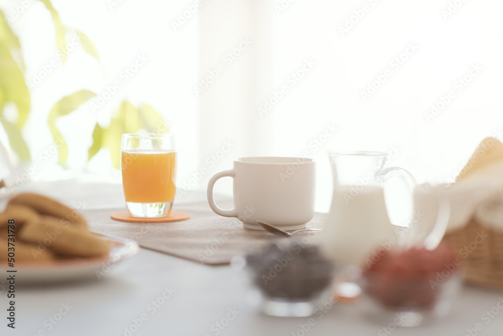 Delicious breakfast at home with fresh fruit