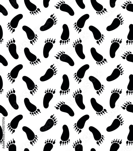 Vector seamless pattern of hand drawn yeti bigfoot foot print isolated on white background