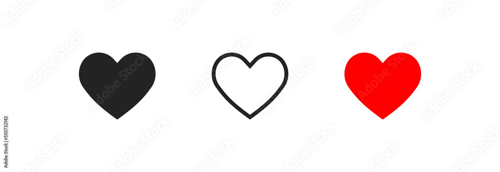 Black, line, and red heart icon. Like vector symbol. Simple Love icons.