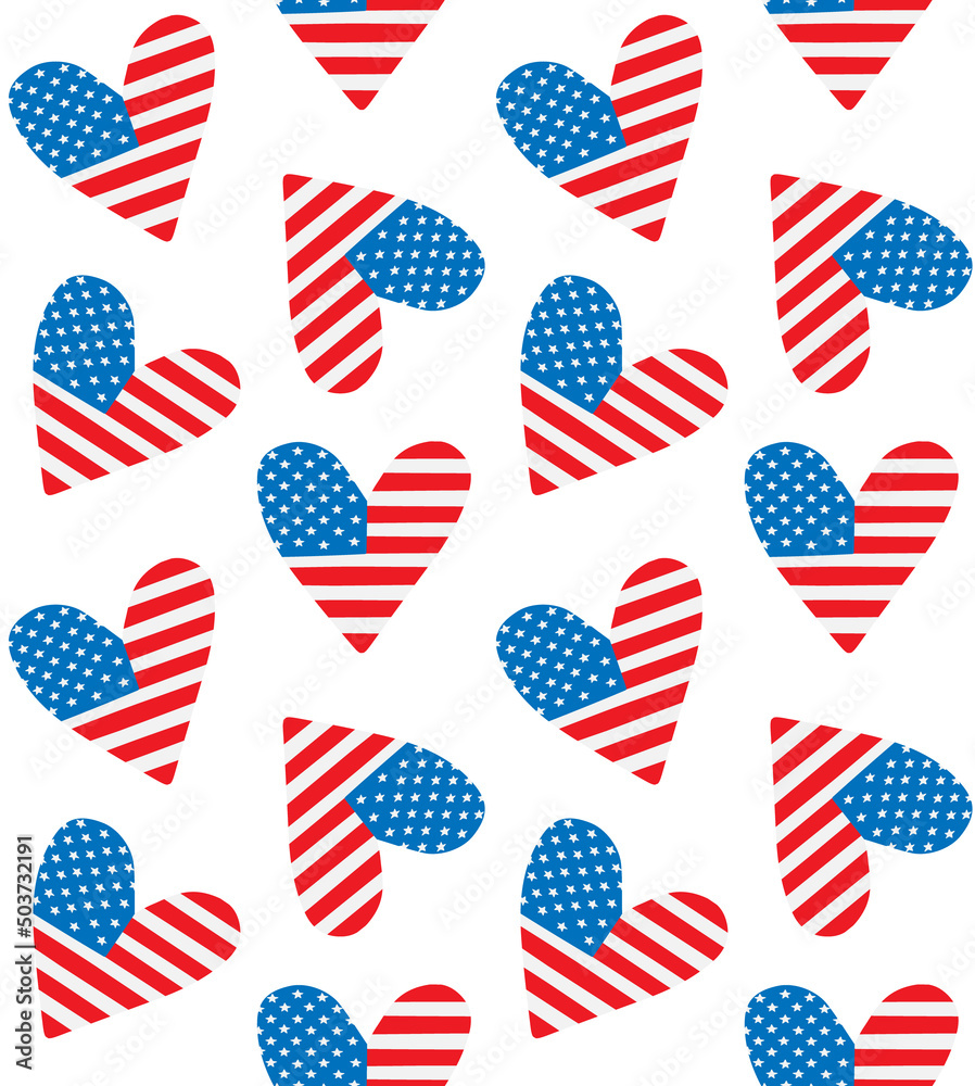 Obraz premium Vector seamless pattern of hand drawn doodle sketch American flag heart isolated on white background