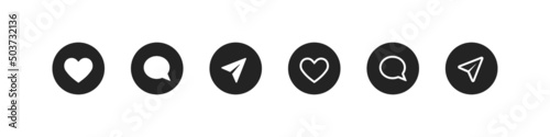 Set with a black social network icon. Heart, comment, send icons. Vector line illustration. White symbols in a black circle.