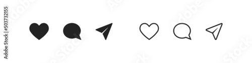 Set with a black social network icon. Heart, comment, send icons. Vector line illustration. Ui symbol. photo