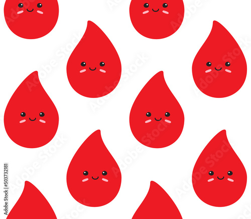 Vector seamless pattern of flat hand drawn blood drop with face isolated on white background