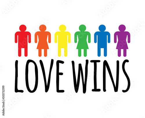 Vector hand drawn lgbtq rainbow flag people and love wins lettering isolated on white background