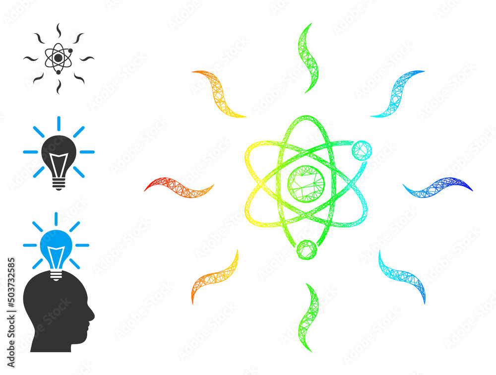 Fototapeta premium Rainbow colorful wire frame quantum radiation. Hatched carcass flat network abstract symbol based on quantum radiation icon, is made with intersected lines. Colorful network icon.