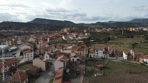 Aerial views from Mora de Rubielos, Teruel, Aragón, Spain. Drone views from Mora de Rubielo's Town on the sunset.