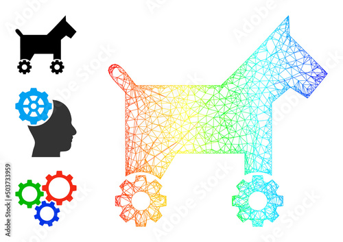 Spectral vibrant net mesh robotic dog. Crossed carcass flat net abstract image based on robotic dog icon, is made with crossed lines. Vibrant irregular mesh icon.