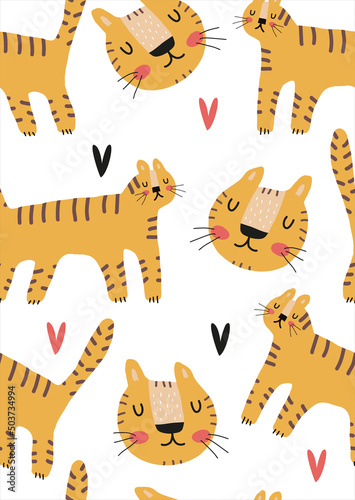 Funny Safari Party Vector Seamless Pattern with Wild Cats on a White Background. Cute Infantile Style Nursery Repeatable Print with Sweet Tigers ideal for Fabric, Textile, Wrapping Paper.