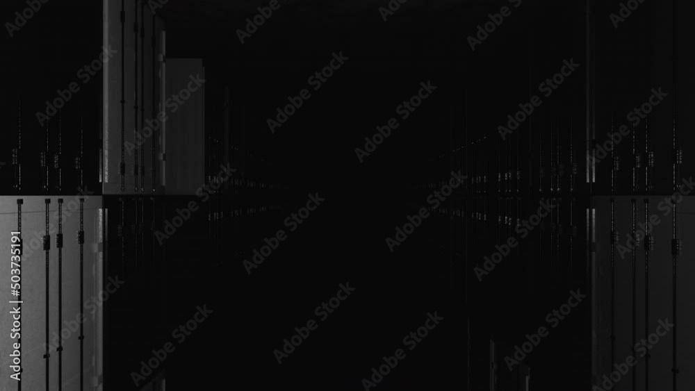 Abstract monochrome visualization of a port container terminal. Design. Moving inside a dark corridor with black and white boxes, seamless loop.