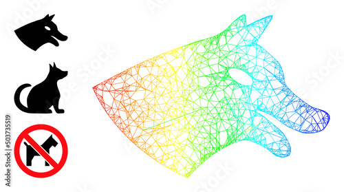 Rainbow colored crossing mesh dog head. Crossed carcass 2d net geometric image based on dog head icon, is generated with crossed lines. Vibrant net mesh icon.