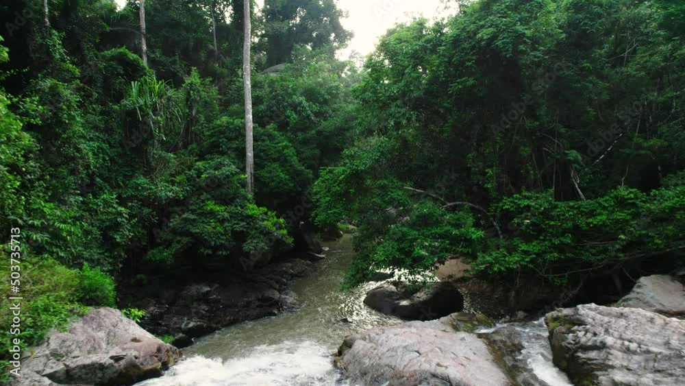 Flight over river and waterfall in a dense tropical rainforest in Ko Samui, Thailand Flight over river and waterfall in a dense tropical rainforest in Ko Samui, Thailand