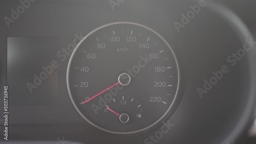 Dashboard of the car, close-up. Machine control. Kilometers per hour 4K 10 BIT