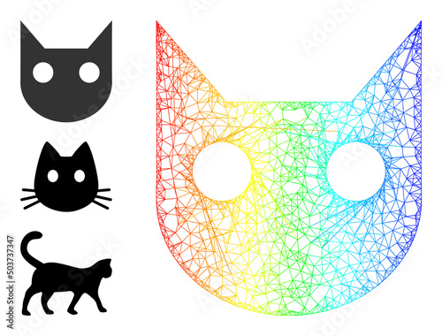 Spectrum colored crossing mesh cat head. Hatched carcass flat net geometric symbol based on cat head icon, is created from crossing lines. Colored net icon.