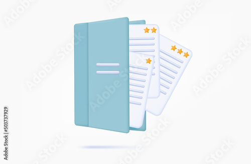 Learning level 3d. Rating. Search, select for a successful completed task. Paper pages in a book, magazine with the result. Vector banner, high score concept with star. Receiving an award, cool skill.