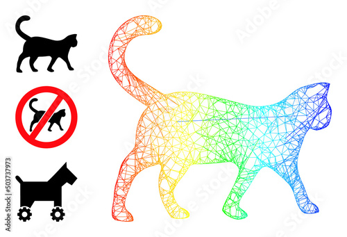 Spectral vibrant net mesh cat. Crossed carcass flat net geometric symbol based on cat icon, is created from crossed lines. Colored net mesh icon.