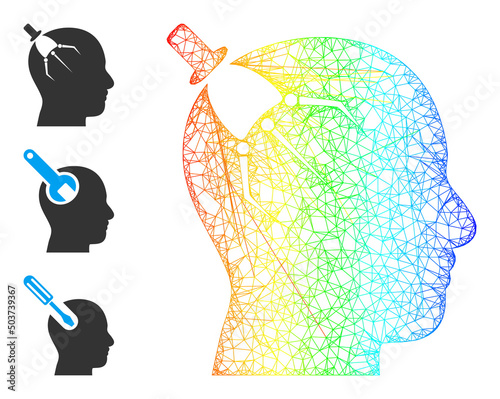 Spectral colored crossing mesh brain intruder. Crossed frame 2d network abstract symbol based on brain intruder icon, is made with crossed lines. Colored wire frame icon.