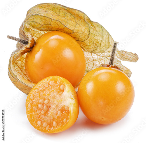 Ripe physalis or golden berry fruits isolated on white background. photo